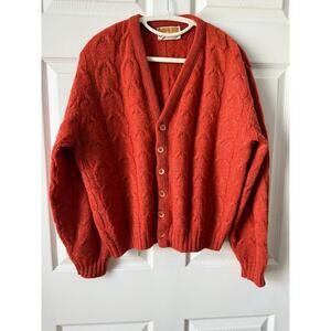 Jantzen Vintage Orange Cable Knit Virgin Wool Cardigan Sweater Sz Large Grandpa
